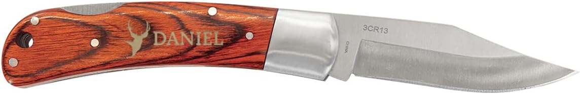 PlaqueMaker Customizable Folding Knives or Multi-tools, Personalized Pocket Knife for Men and Women, Gift for Father's Day, Birthday, Anniversary, Wedding, Housewarming (Wood with Sheath)