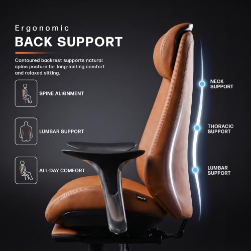 Image of DROGO Amara Ergonomic Office Chair for Work & Home- Luxury Semi-Silicone Leather, 5cm Seat Depth Adjustment, Curved Headrest, PU Aluminium Armrest, 135 Recline with 3 Lock Positions, Footrest (Tan)