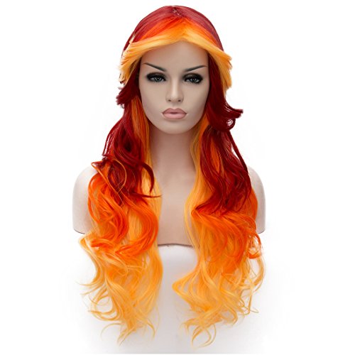Maxbeauty Fashional COS Long Airy Curly Hair Ombre Hair Cosplay Wig Costume Party Wigs (Yellow to Orange to Red)