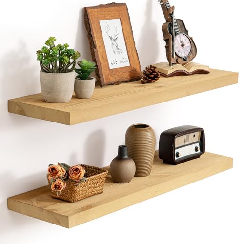 Image of Marsmiles 30 Inch Floating Shelves | 9.3 Inch Deep Natural Wood Wall Shelves Set of 2 | Rustic Reclaimed Wood Shelves for Room Wall | Farmhouse Floating Shelves for Living Room Bathroom