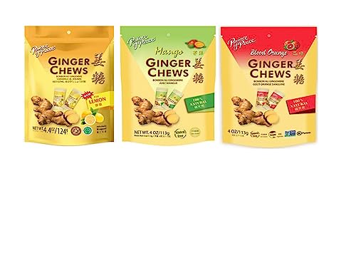 Prince of Peace Ginger Chews 3 Flavor Variety Pack – 4 oz each – Lemon, Mango & Blood Orange – 100% Natural, Gluten Free
