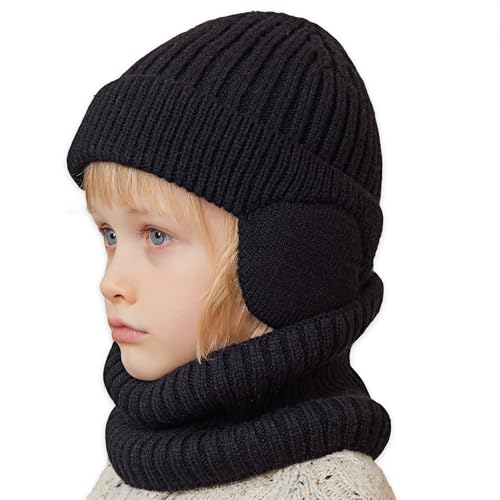 Unisex Kids Earflap Beanie and Scarf Set 2pcs Winter Warm Knit Fleece Lined Skull Cap Neck Warmer for Boys Girls 2-8y2