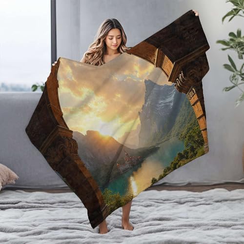 CDSS Coperta da viaggio con tramonto sul lago e sulle montagne, coperta di flanella pasquale coperta blu (150 x 200 cm)