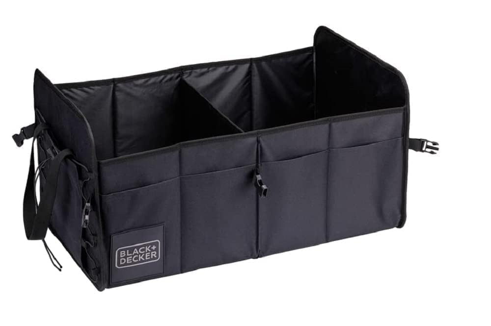 Black+Decker Trunk Storage Box – 59 x 36 x 30 cm – 2 przegródki – dodatkowe kieszenie boczne – z uchwytami – czarne
