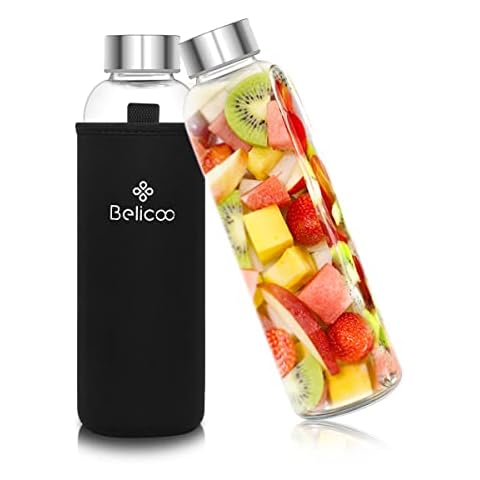 BELICOO BPA-Free Glass Water Bottle 550ml/18oz Borosilicate Leak Proof Portable for School Office Home Travel Sport with Neoprene Carrying Sleeve and Nylon Bottle Brush (Black) Cover