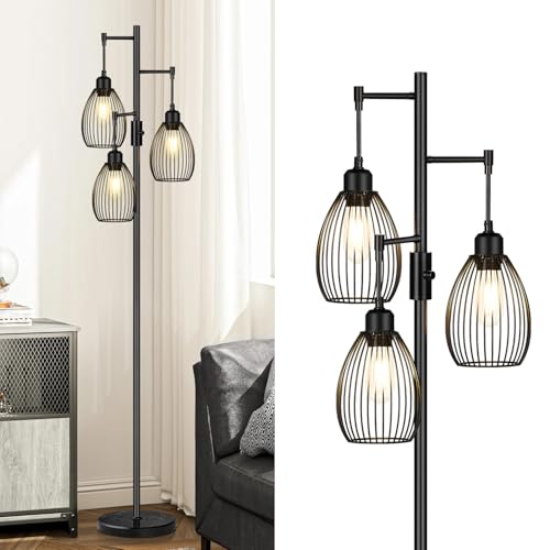 Torondo 70" Dimmable Floor Lamp with Marble Base, 3 x 800LM LED Edison Bulbs Included, Industrial Black Floor Lamps for Living Room, Rustic Tall Lamps Standing Lamp for Bedrooms Living Room