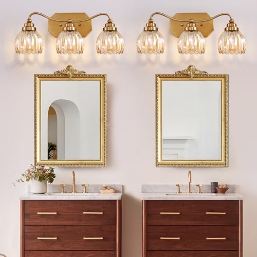 Image of Vintage Bathroom Light Fixtures, 3 Light Gold Bathroom Vanity Light, Matte Antique Brass Finish with Amber Crystal Glass Shade, Wall Sconces Lighting for Bedroom, Living Room（Amber-colored Glass）