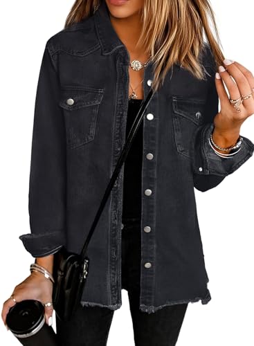 Womens Oversized Button Down Frayed Hem Denim Shacket Casual Long Sleeve Jean Jackets 2025 Spring Outfits