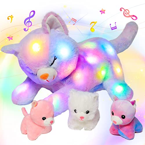 Hopearl LED Musical Stuffed Cat Lighting Up Singing Plush Toy Playset Mommy Cat with 3 Baby Kittens in her Tummy Lullaby Animated Soothe for Mom Kids...