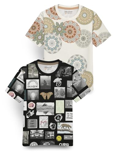 Image of HELLCAT Trendy Front & Back Graphic Printed Cotton Blend Half Sleeve Premium Round Neck Tshirt for Boys - Pack of 2