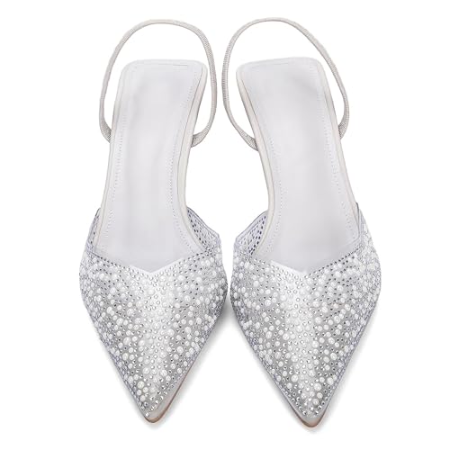 Image of YIYA Women's Clear Slingback Heels with Pearl Studded Pointed Toe Kitten Mid Heels Sparkly Rhinestone Slip On Wedding Party Shoes