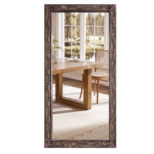 Image of Wooden Bathroom Wall Mirror,Solid Wood Frame -48x24x1.25 Burnt Brown