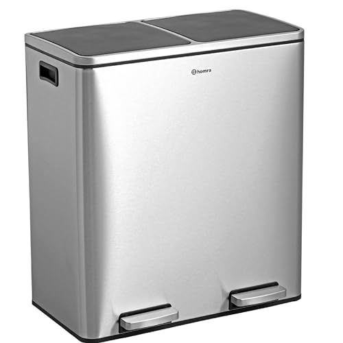 Homra Mülleimer 30l Blinq | Tretmülleimer Küche 2x15 Liter | Treteimer aus Edelstahl | Abfalleimer mit Inneneimern | Trennsystem 2 Fach | Mülltrennsystem | Papierkorb | Softclose | Stahl