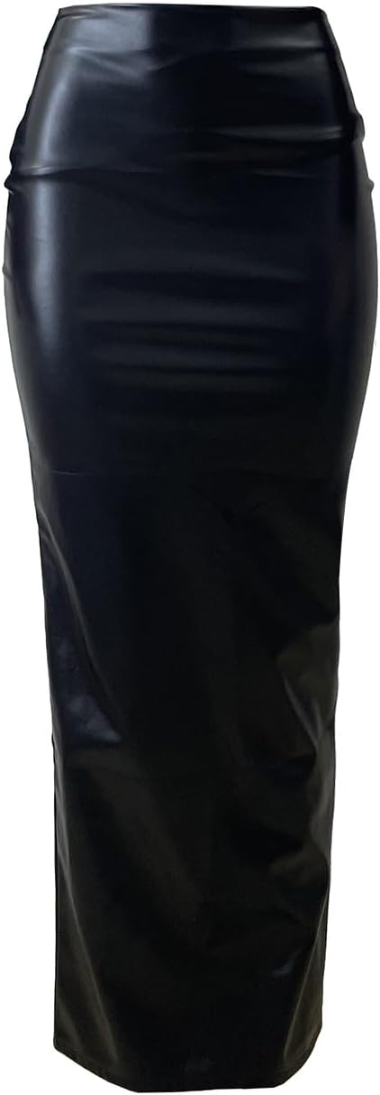 Women's Stretch Faux Leather Long Skirt with Double Zipper, Slim Fit, Black - Image 3