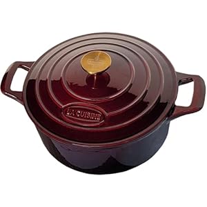 La Cuisine Enameled Cast Iron Dutch Oven Casserole Pot with Lid 6.5 QT Matte Black Enamel Interior Cranberry Enamel Coating Exterior Gold-Plated Stainless Steel Lid Handle Oven Safe
