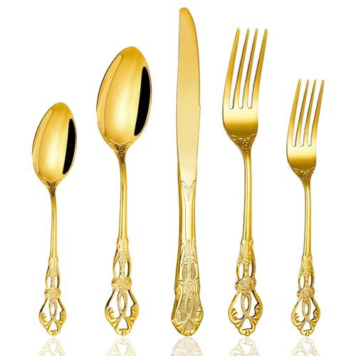 Cididu 40 Pieces Gold Silverware Set for 8, Retro Royal Utensils Set Gold, Stainless Steel Flatware Dinnerware Set Including Forks Spoons and Knives Cutlery Set for Kitchen Wedding Party
