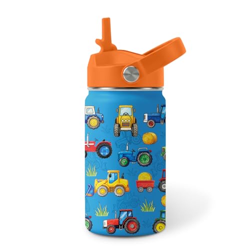 Image of Tractor Water Bottle for Son & Daughter, Stainless Steel Insulated Tumbler with Straw Lid and Handle, 12oz Reusable Leak-Proof Bottle for Sports