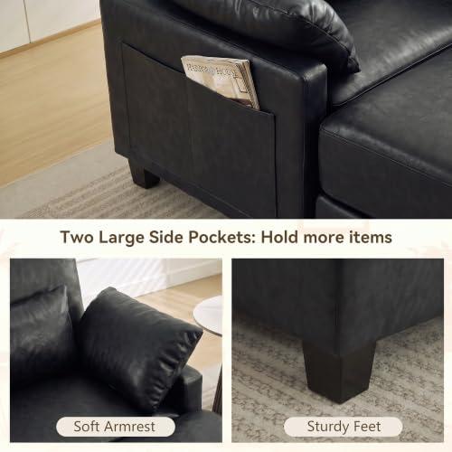 Image of 58 inch Oversized Faux Leather Chaise Lounge Chair Indoor, Mid Century Modern Accent Chair with Ottoman, Deep Seat Comfy Reading Chair with Side Pocket, Single Sofa Armchair for Living Room Bedroom,Black