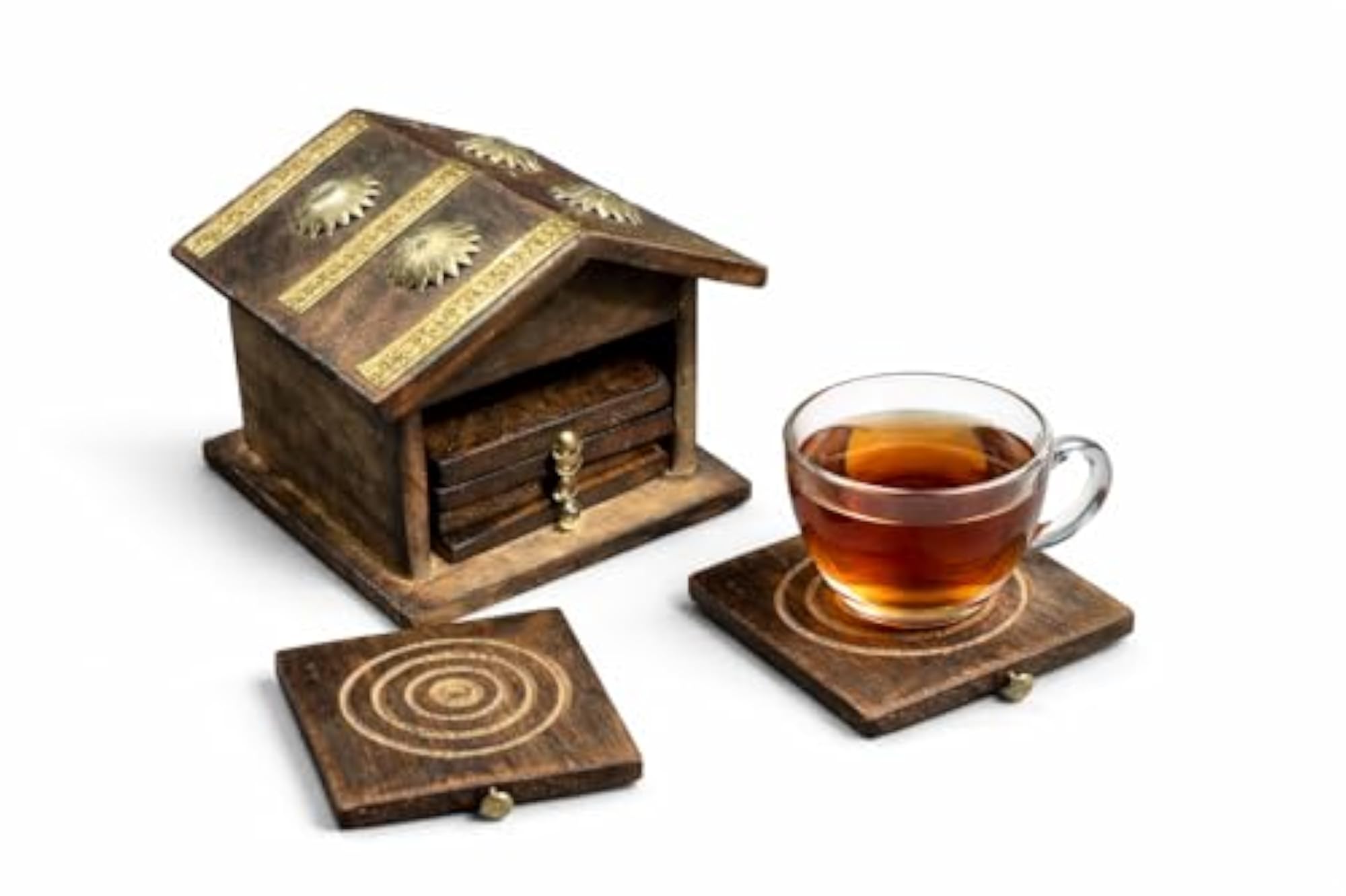 Wooden Tea Coaster Set Hut Shape Handmade Coaster Plates