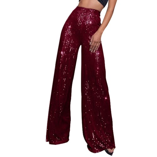 Women Sequin Pants Sparkly Glitter High Waisted Wide Leg Flare Trousers Fashion Bottom Night Out Clubwear