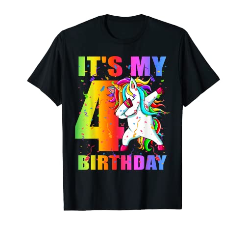 Niños de 4 años: divertido, es mi cuarto cumpleaños, Unicorn Girl. Camiseta