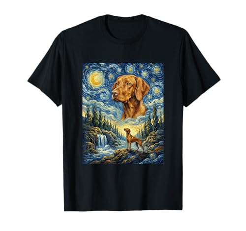 Vizsla Dog Moon Howling Starry Night Van Gogh Art Style Dog T-Shirt