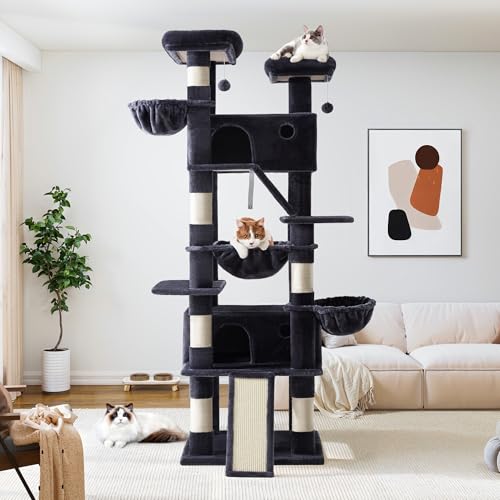 Image of Allewie 81 Inches Tall Cat Tree /Multi-Level Large Climbing Tree House and Towers for Big Feline /Condo and Hammock /Scratching Post /Wide Base /Dark Grey