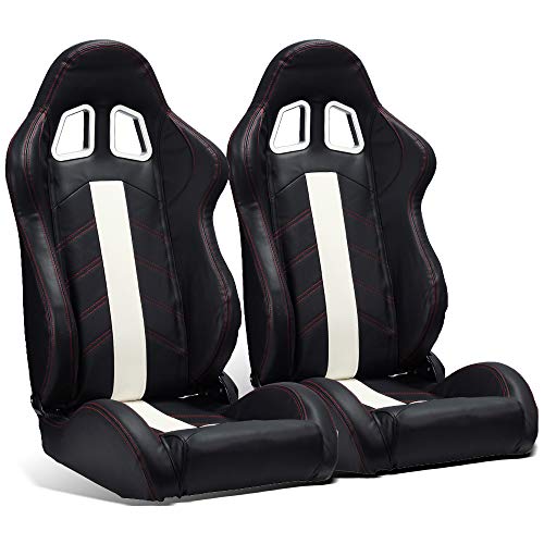 ModifyStreet 1 Pair Universal Black PVC Leather/White Strip/Red Stitching Racing Bucket Seats