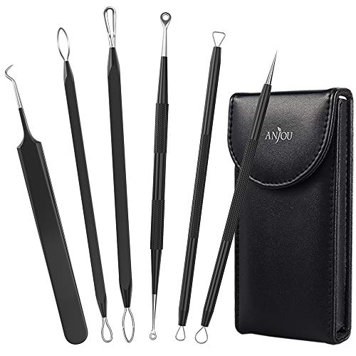 Anjou Blackhead Remover Comedone Extractor, Curved Blackhead Tweezers Kit, 6-in-1 Professional Stainless Pimple Acne Blemish Removal Tools Set