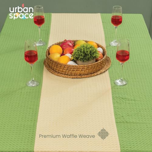 Image of Urban Space 100% Cotton Waffle Weave Dining Table Cover for 6 Seater, Table Cloth with Panelled Design, 6 Seater Cotton Table Cover for Center Table (Sage Green & Beige, 6 Seater, 48 inch x 92 inch)