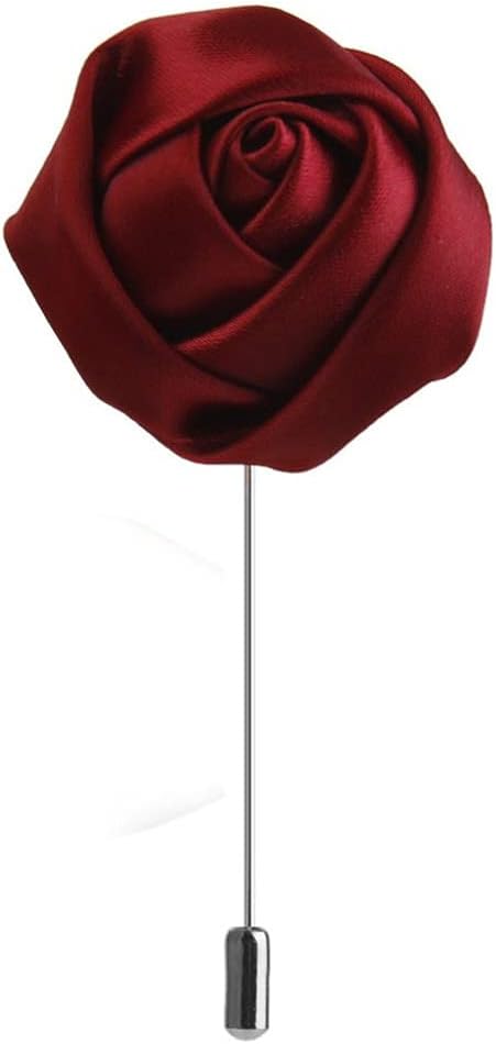 Brooch Red Rose Boutonniere Elegant Handmade Satin Lapel Pins Groom Suit Brooch Pin Good for Men Wedding Business Party (Wine Red) Tie Pin