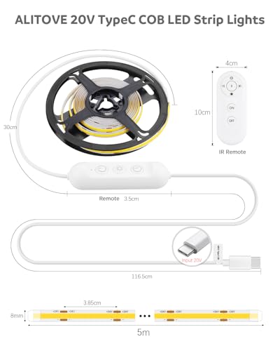 Tira LED COB ALITOVE 16.4FT 20V USB-C Luz Cálida 3000K Regulable miniatura 6