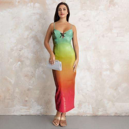Image of Owl's-Yard Women Sexy Maxi Dress Y2K Spaghetti Strap Floral Print Low Cut Backless Slim Fit Sequins Long Cocktail Dress