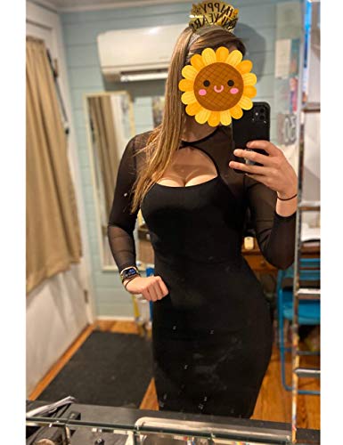 Maketina Women Midi Length Cut Out Keyhole Party Bodycon Bandage Dress with Transparent Long Sleeves3