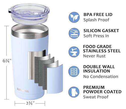 Image of SUNWILL Travel Coffee Tumbler 20 oz, Insulated Mug with Lid, Stainless Steel Cup for Hot and Cold Drinks, Powder Coated Iceberg