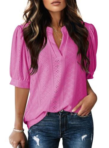 Image of Dokotoo Womens Blouses V Neck Puff Short Sleeve Business Casual Tops