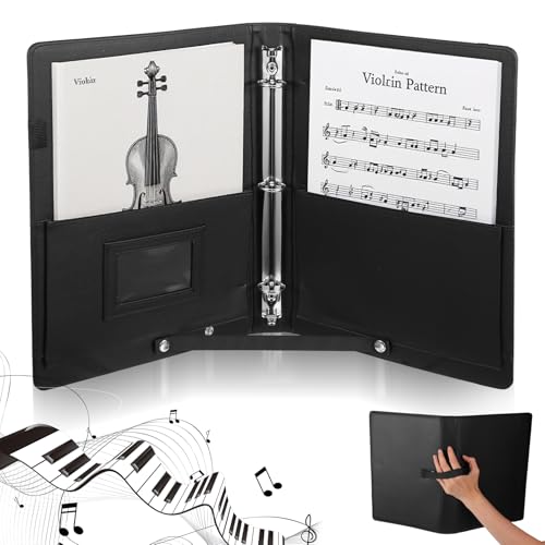 Sheet Music Folder 3 Ring Music Binder - 13" x 9.8", Large Black PU Choral Music Folders 3 Ring PU Leather Choir Folder with Hand Strap and Pockets for Piano, Choir, Stage Performance