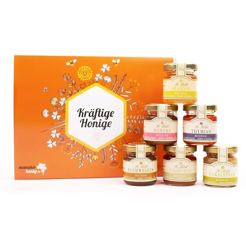 Rüdiger Feldt "Kräftige Honige" Probierset mit 6x50g verschiedenen Honigsorten wie Manuka-, Buchweizen-, Thymian-, Rosmarin-, Akazien- Eukalyptushonig