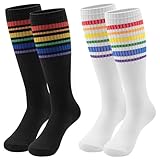 SPTRAMLE Girls Socks, 2 Pairs Girls Knee High Socks Rainbow Colorful Striped Thigh Highs Socks for Girls Kids Aged 1-3