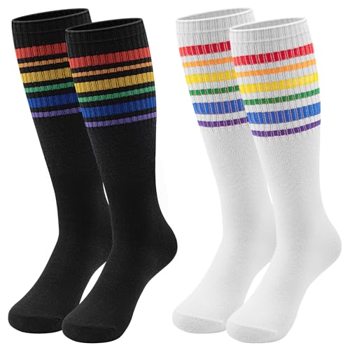 SPTRAMLE Girls Socks, 2 Pairs Girls Knee High Socks Rainbow Colorful Striped Thigh Highs Socks for Girls Kids Aged 1-3