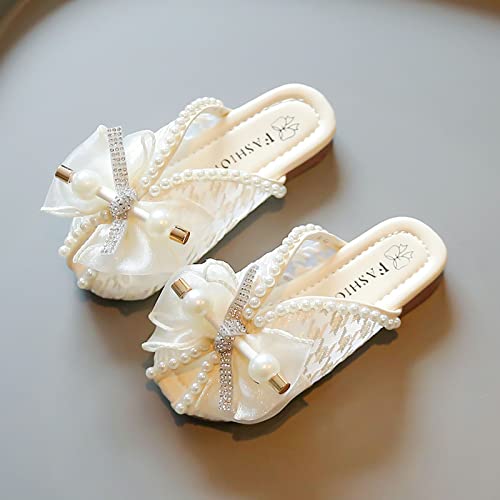 IKFIVQD Chinelos femininos com laço pérola sola macia sapatos de princesa de renda malha baotou para