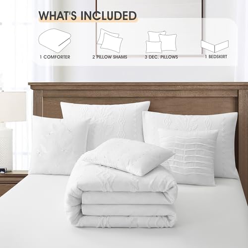 Image of LANCO MODERN LIFESTYLE White Comforter Set, Queen Size, 7 Pieces Jacquard Boho Bedding Set for All Seasons, Ultra Soft and Fluffy, Matching Pilllow Shams, Bedskirt and Decor Pillows