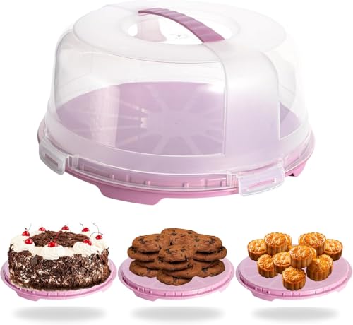 Buzztrove - Large Size | Cake Carrier with Handle | 15cm Tall Cake Storage Container with Airtight lid | Cake Storage Box with 4X Locking Lid for Cakes Cupcakes Pies & Pastries. (Pink)