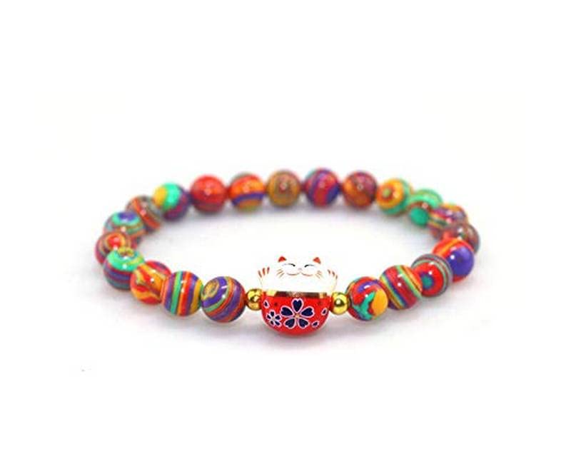 Générique Bracelet Japonais Maneki Neko (招き猫) Porte Bonheur Perles Naturelles (18 cm réglable) (Multicolore)