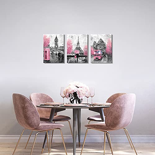 Pink Paris Wall Art Framed Canvas Art Print Rustic Paris Pictures London Berlin City Canvas Art Framed Ready To Hang Wall Art For Woman Girls Room Decor, 2 Sets #TOP6