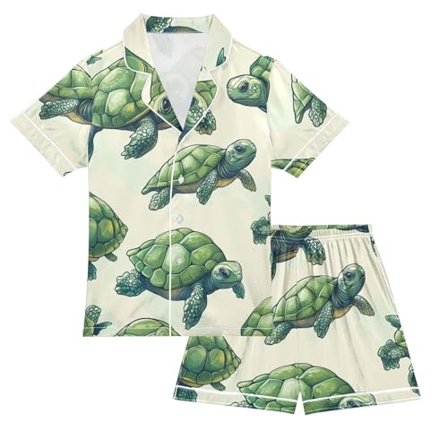 Satin Pajama Sets Short Sleeve Sea Green Turtle Pattern Button Down Silky Nightwear 2 Piece PJS 5-14Y