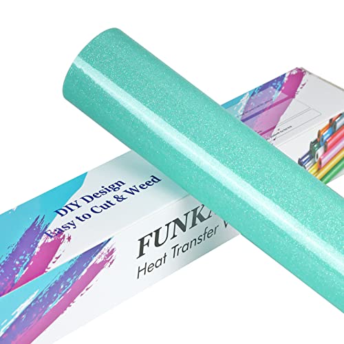 Image of FUNKAKA Glitter Fluorescent Cyan HTV Heat Transfer Vinyl Rolls, 12 inch x 10ft PU Iron on Vinyl for T-Shirts, Glitter HTV Vinyl for All Cutter Machines Easy to Cut & Weed for DIY Design