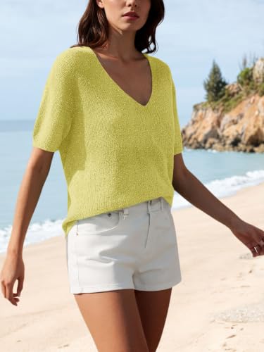 Image of Saodimallsu Womens Short Sleeve Sweater Summer V Neck Casual Tops Lightweight Loose Knit Pullover Shirts