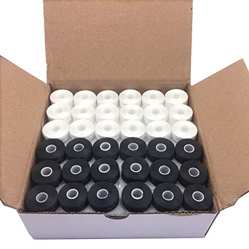 Image of YEQIN Prewound Bobbin Thread, Sideless, 144pcs Type L Size (SA155) (72White + 72Black) 75D /2 Polyester Thread, Compatible with Babylock, Barudan, Bernina, Brother, Consew, Singer, Tajima and More