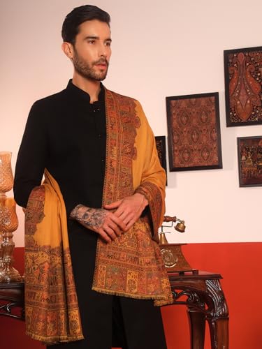 Image of Pashmoda Men Arcadia Borders Jamawar Shawl, Stole and Wrap, Sustainable and Natural Fabric, Heritage Kashmiri Pashmina, Medium Size for Gents, (Size 40x80 Inches)